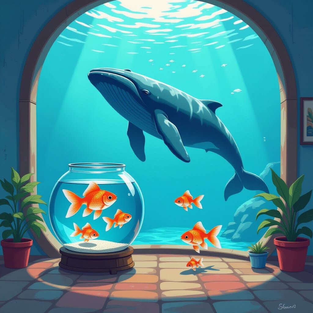 Whimsical Goldfish & Whale Contrast in Surreal Room