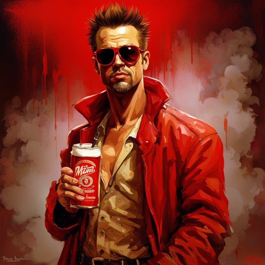 Fight Club, Tyler Durden, full body figure, red sunglasses, smokes, beer, bruised, leader, smirk, wide eyed, egotistical...