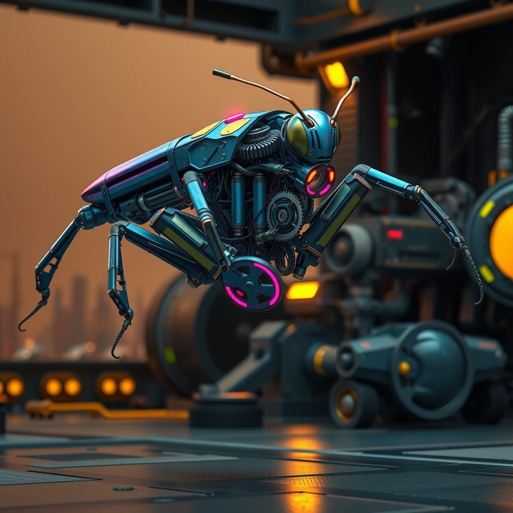 Futuristic Mechanical Grasshopper Leaps in Sci-Fi Cityscape