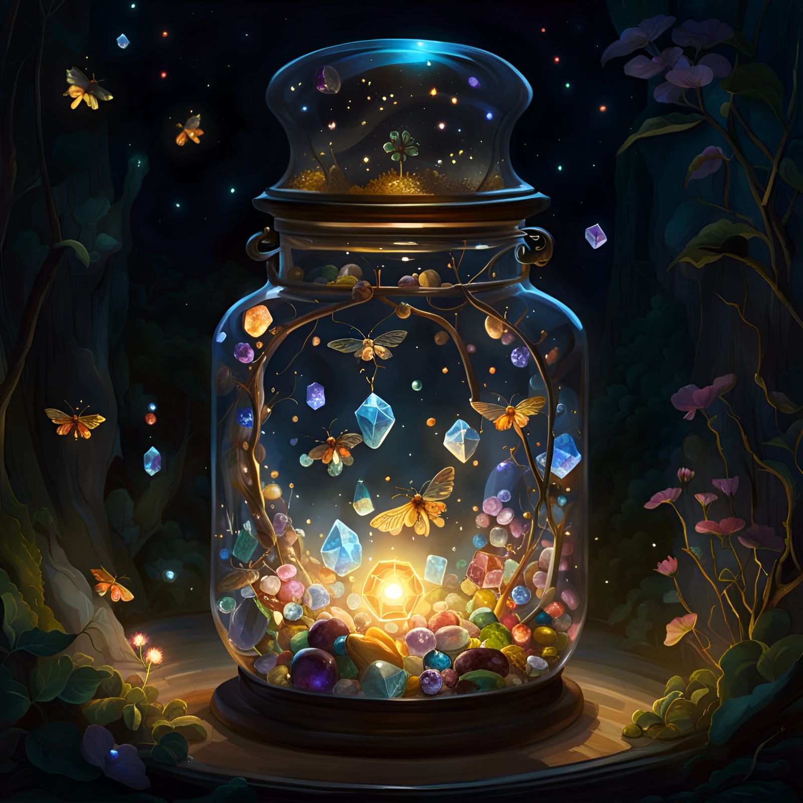 Magical Jar with Fireflies and Precious Stones