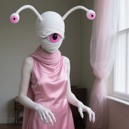 Faceless Figure in Pink Silk Dress with Multiple Eyes