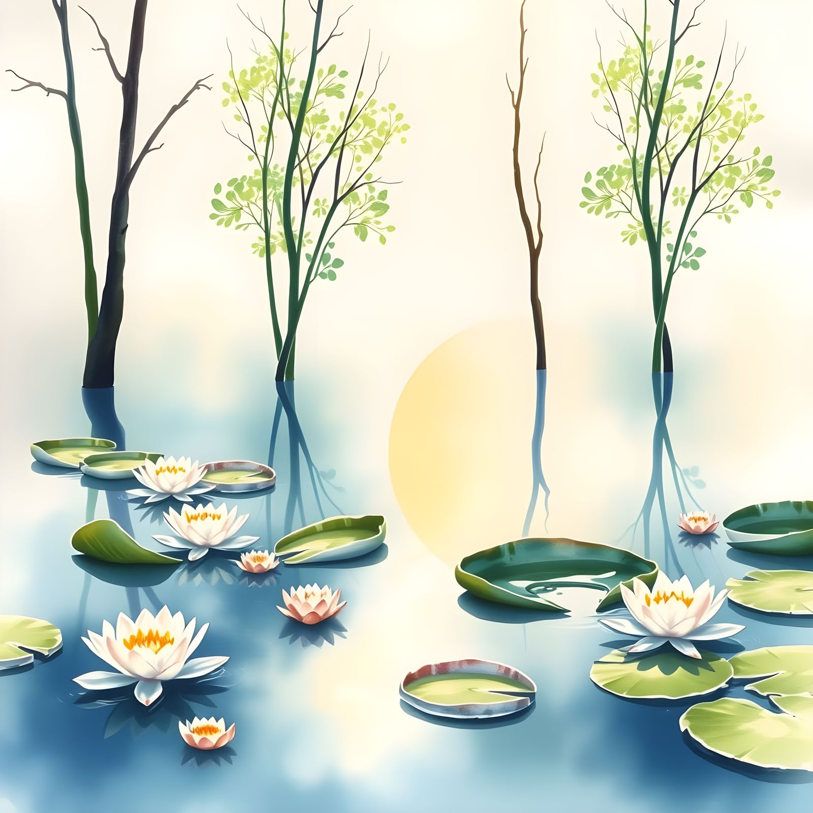 Tranquil Water Lily Pond at Dawn in Watercolour Style
