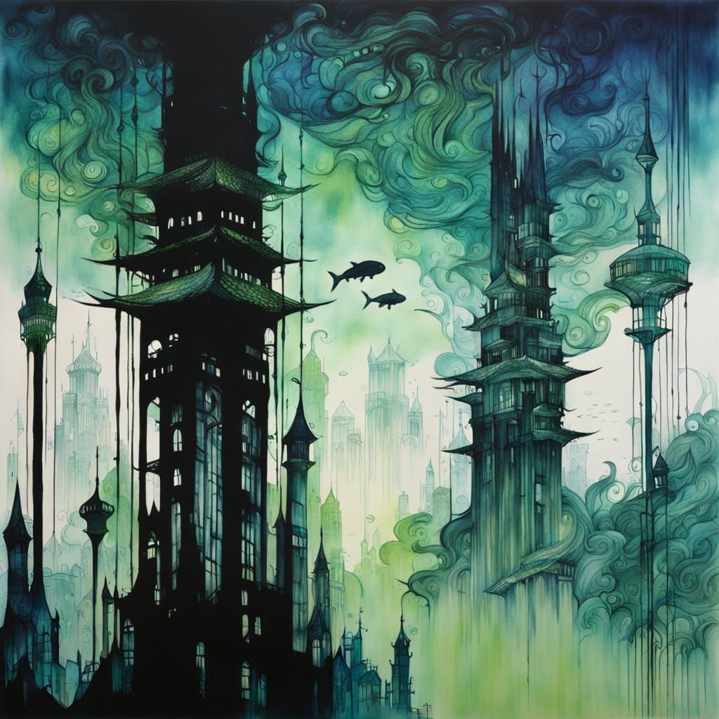 Underwater Metropolis in Acrylic, Yoshitaka Amano Style