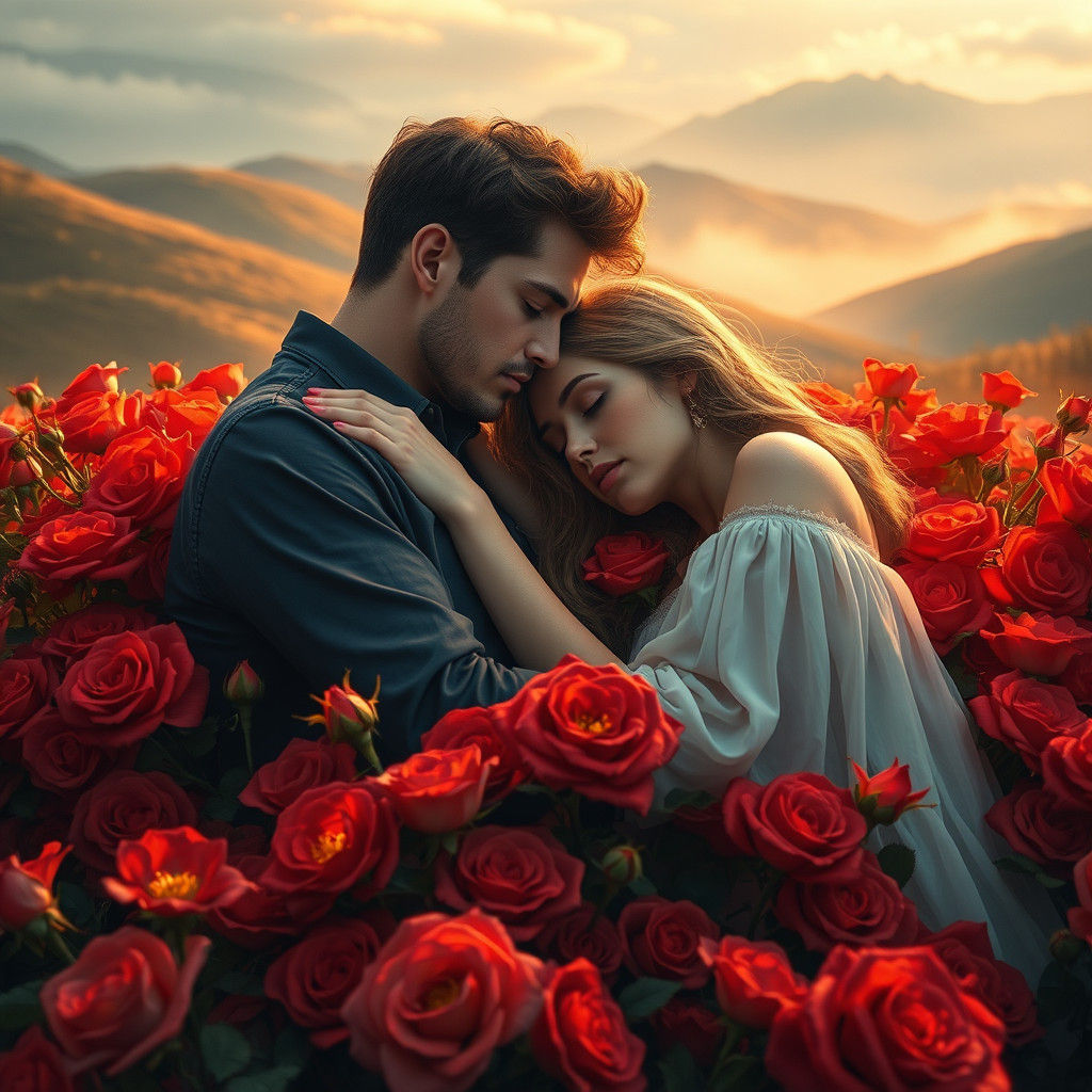 Lovers in Rose Bed: Enchanting Fantasy Art