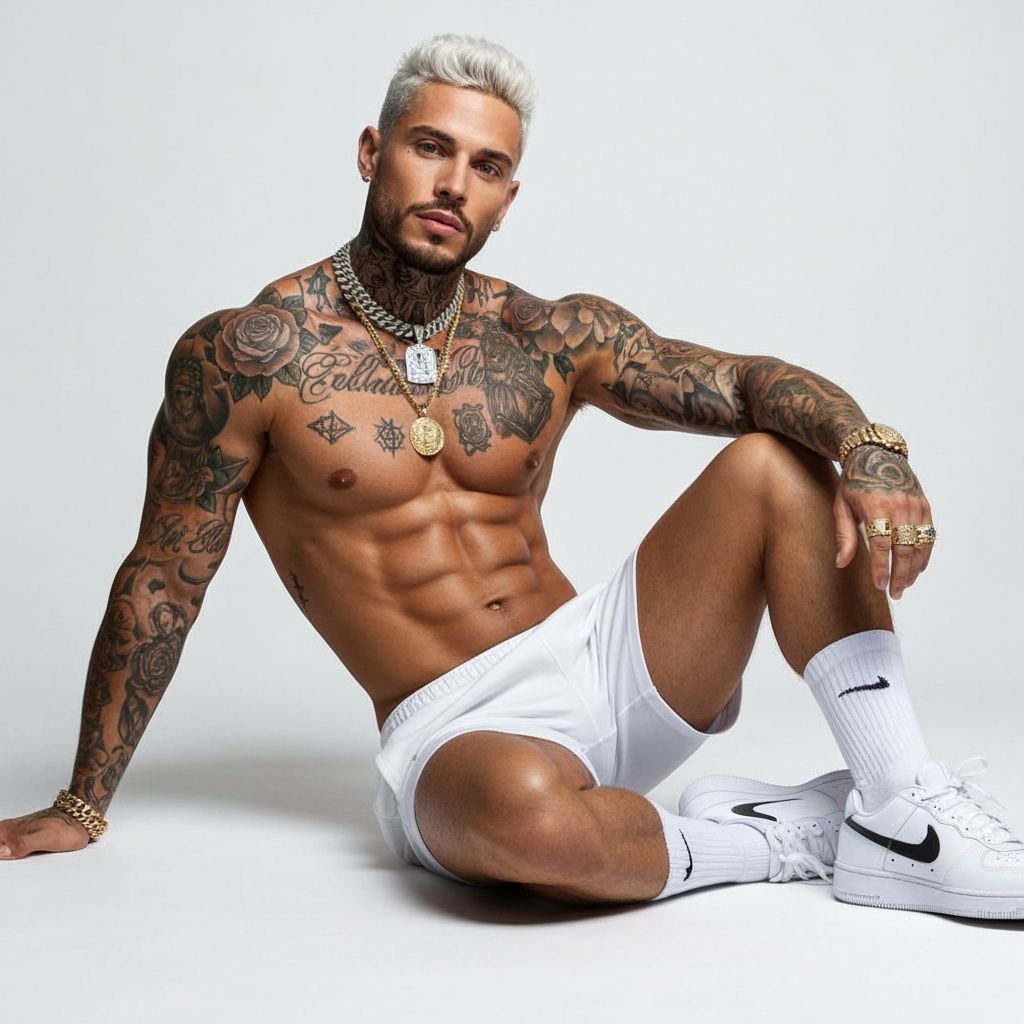 Muscular Male Model with Intricate Tattoos in Minimalist Stu...