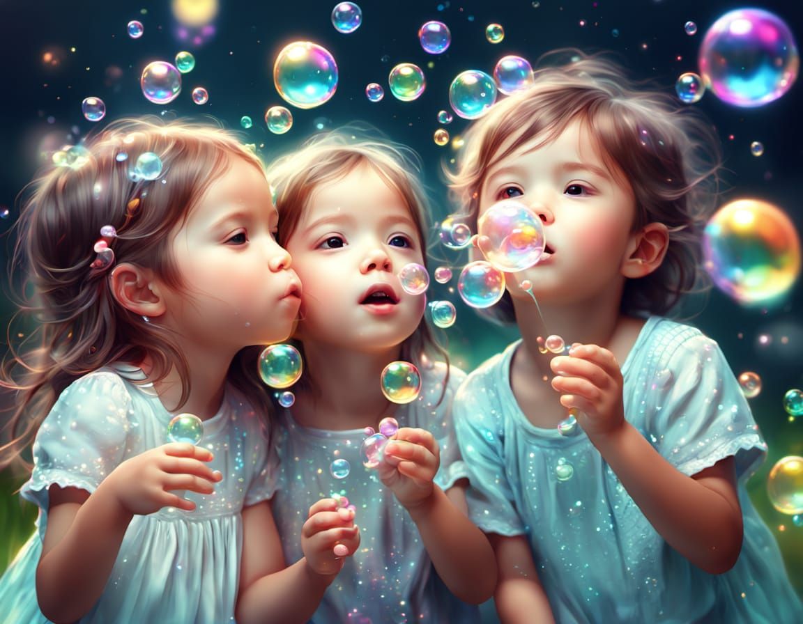 Children Blowing Bubbles: Whimsical Digital Art