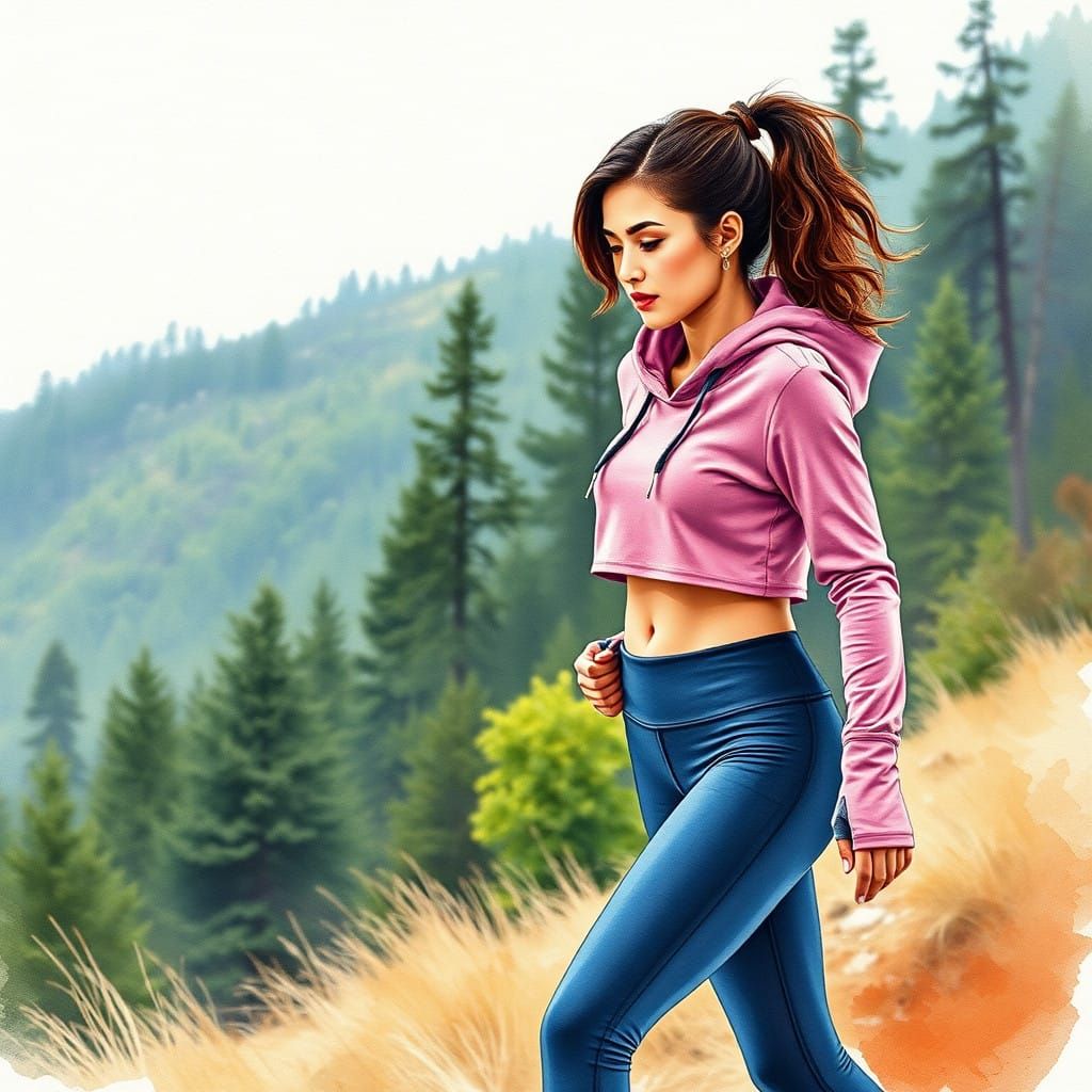 Fitness Influencer Walking in Forest Watercolor