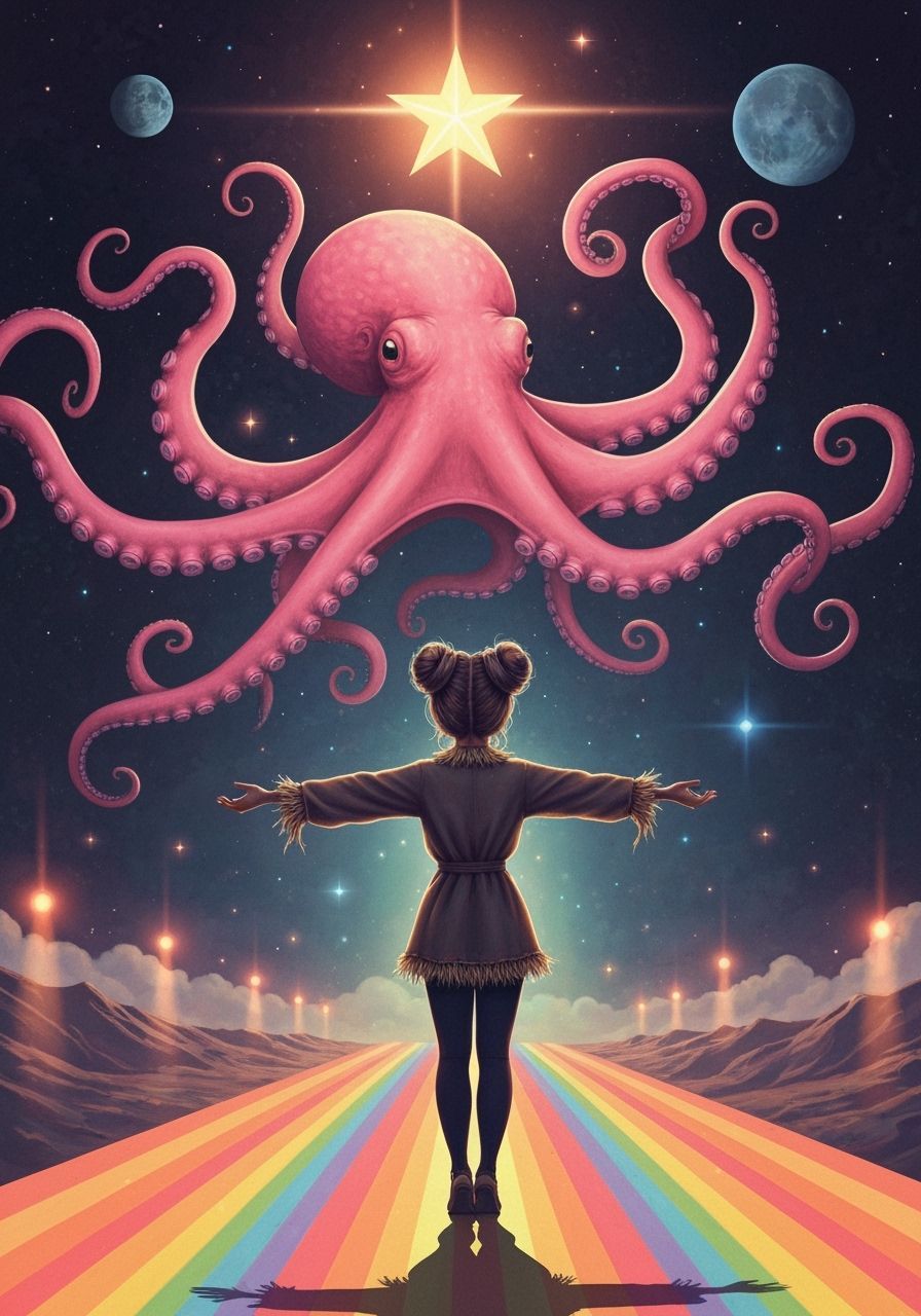 Giant Octopus & Woman on Rainbow Path Under North Star