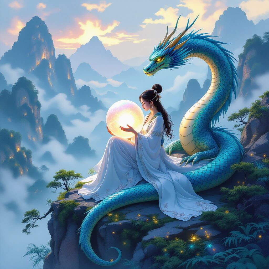 Anime Woman with Dragon and Pearl on Mountain