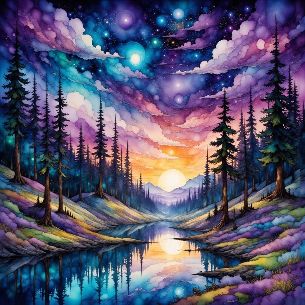 Cosmic Forest Under Violet Velvet Night Sky