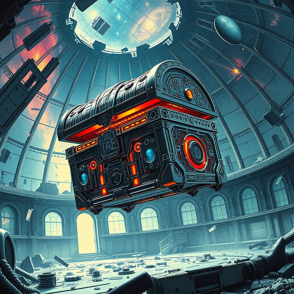 Futuristic Treasure Chest in Cosmic Observatory