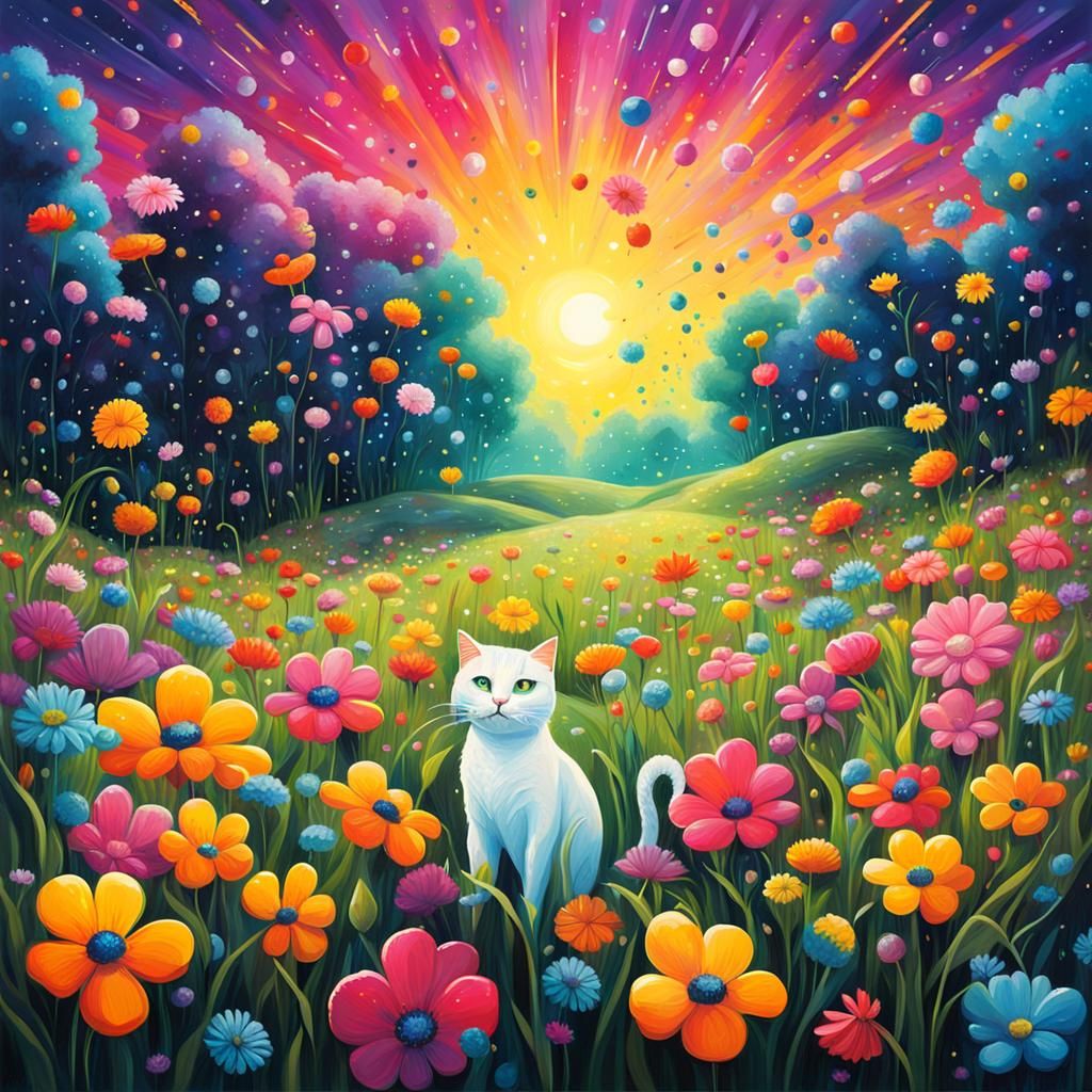 Spring Field with Cats in Graffiti Art Style
