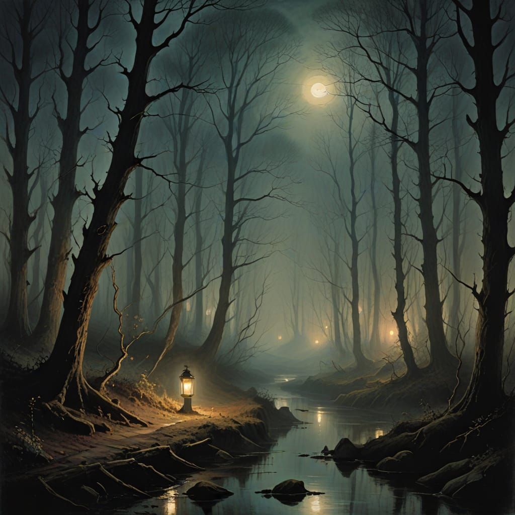 Romantic Nocturne: Misty Forest Lantern Glow
