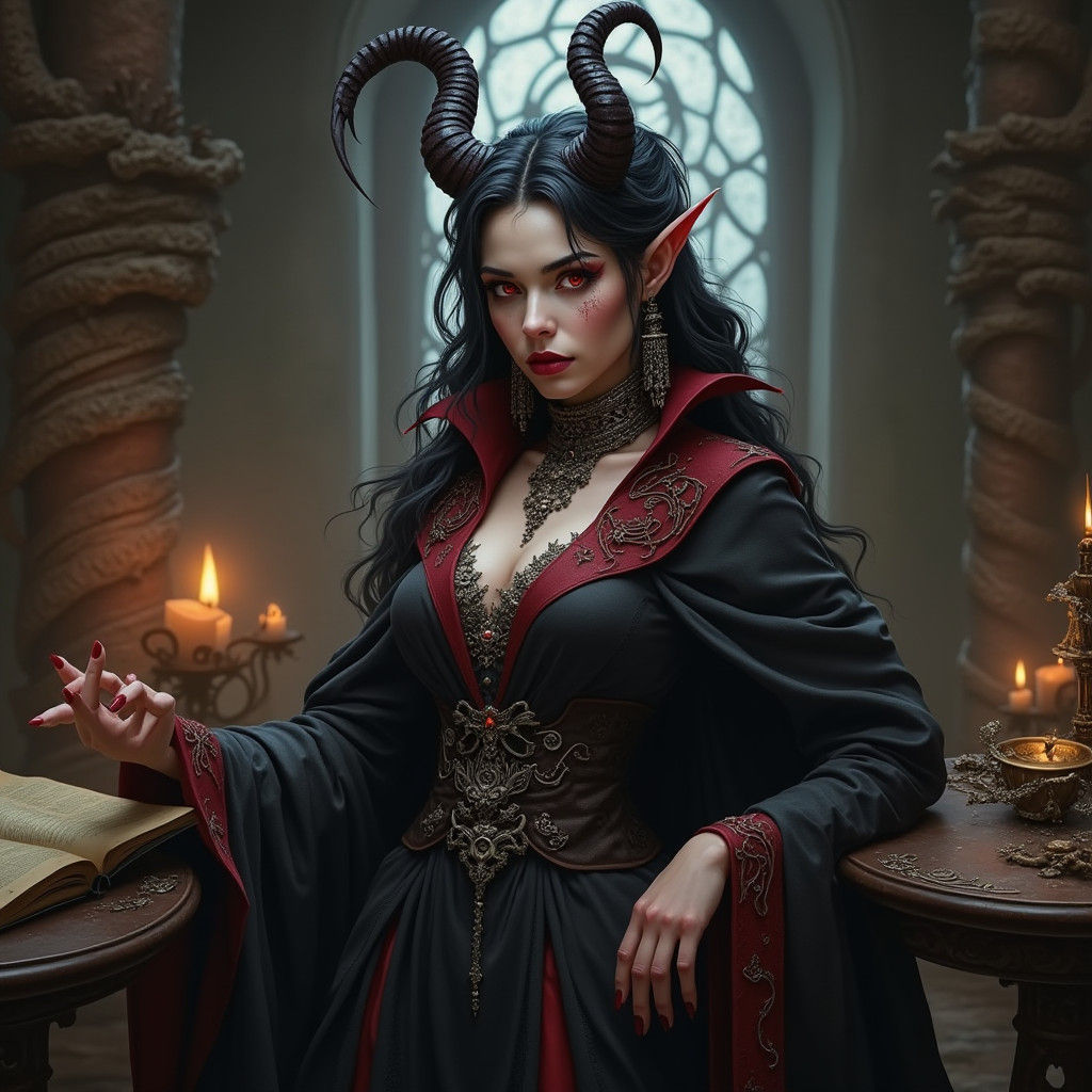 Regal Tiefling Warlock Portrait in Mystical Chamber