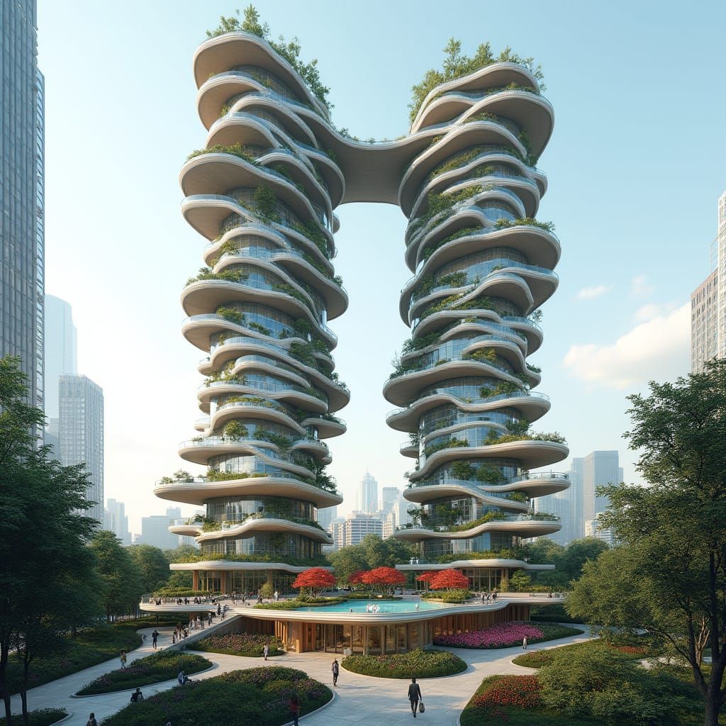 Futuristic Cyan Office Tower with Timber Balconies