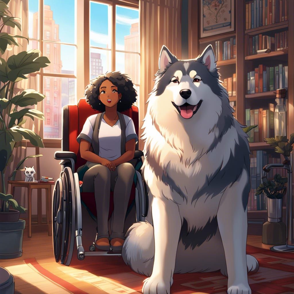 Anime Style: Woman and Malamute in Apartment