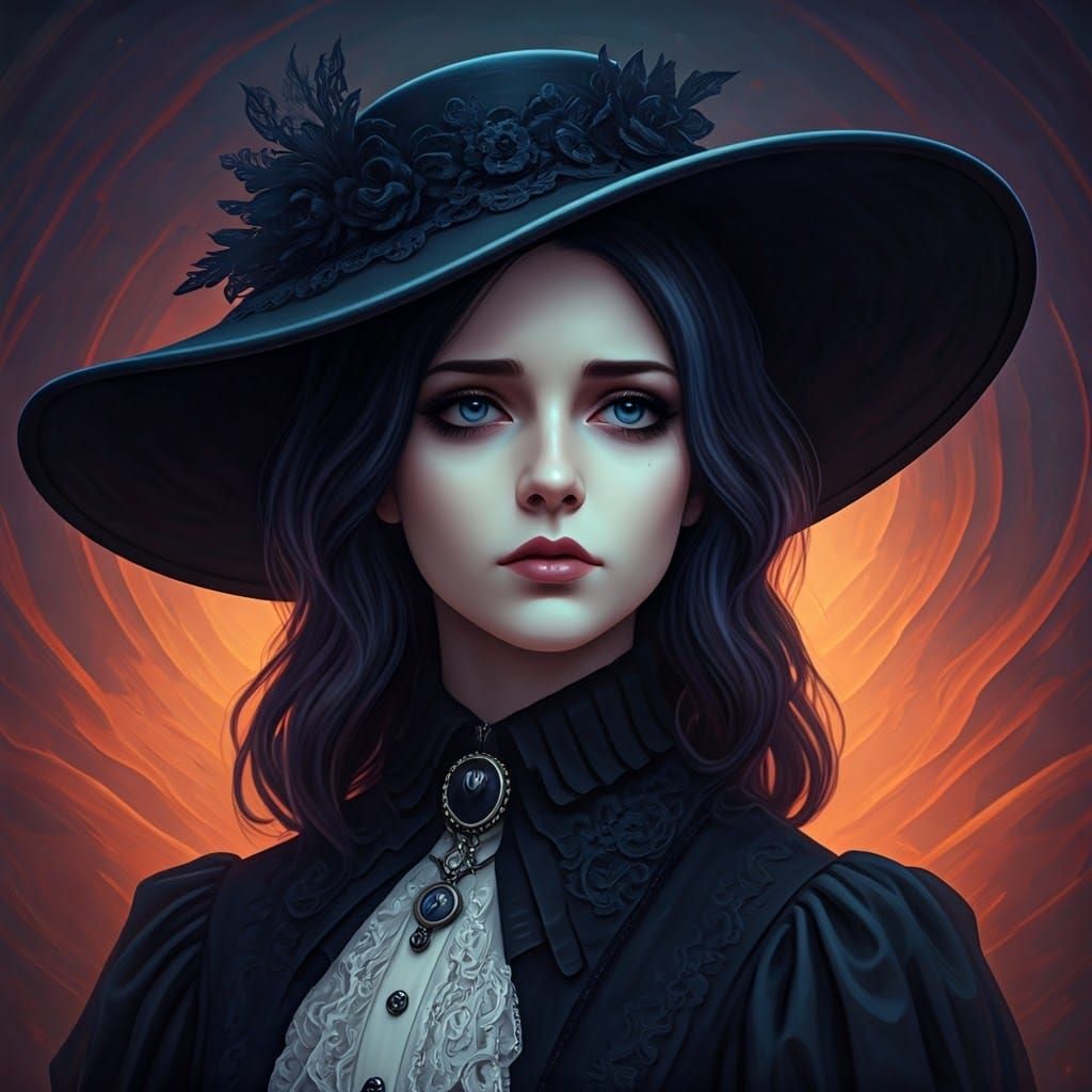 Gothic Woman in Ornate Hat Amidst Swirling Mist