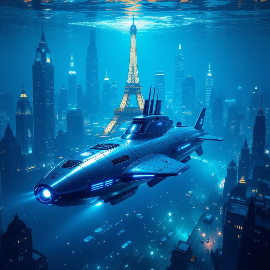 Futuristic Submarine Carrier in Underwater Metropolis