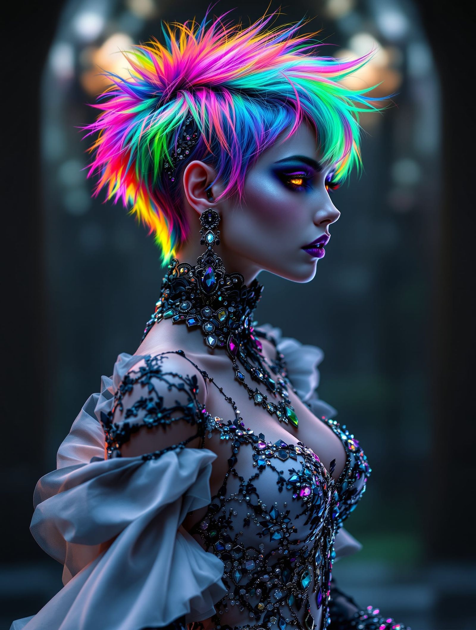 Gothic Woman in Neon Rainbow Wedding Dress