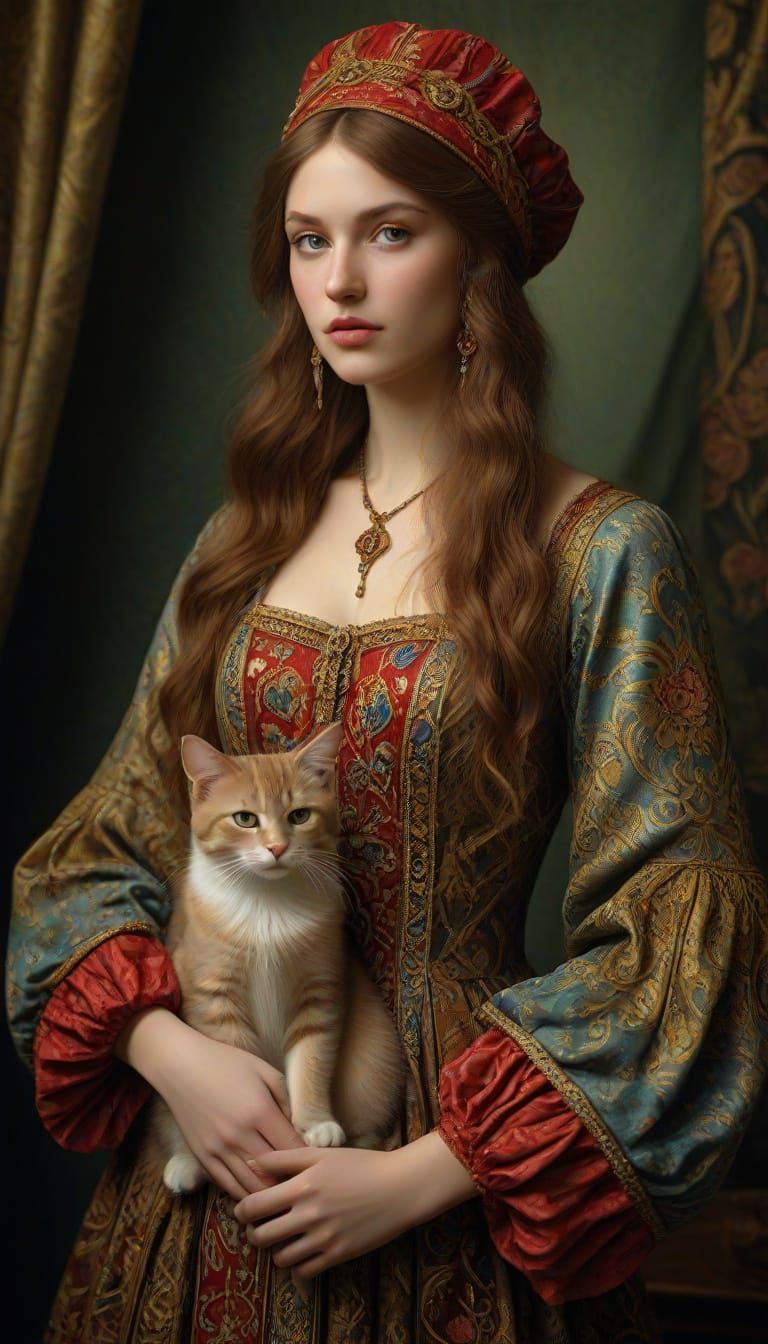 Art Nouveau Portrait of Woman in Russian Folk Dress with Tul...