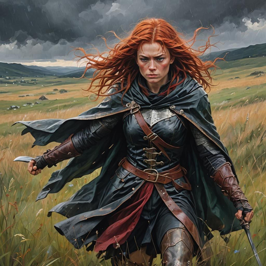 Fantasy Heroine Battles Blizzard, Oil Painting