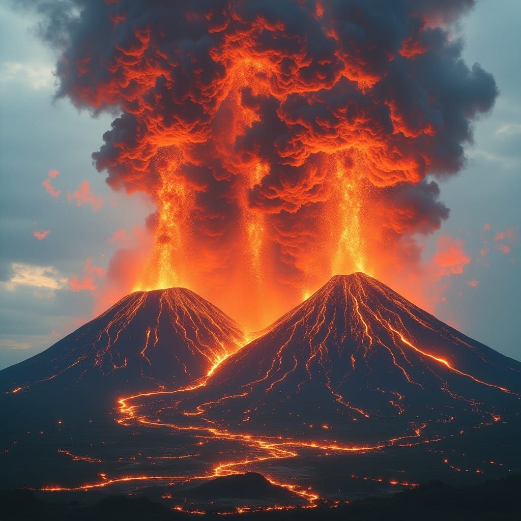 Volcano Eruption in Double Exposure Dreamscape