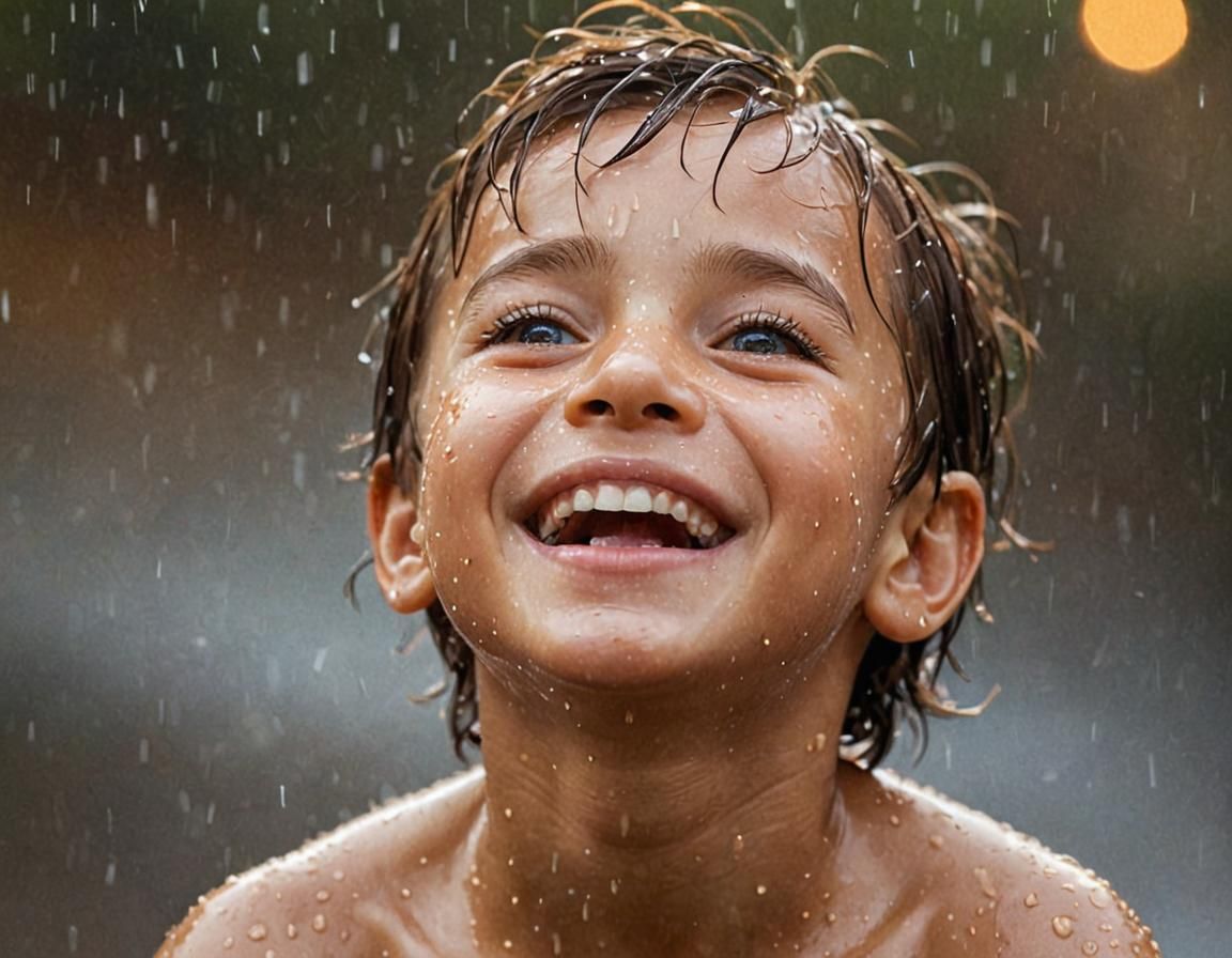 Joyful Boy Looks Up at Rainy Day Sky