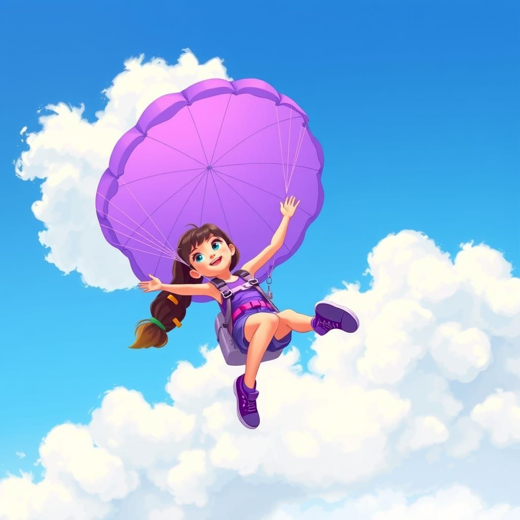 Girl Soaring with Purple Parachute in Cartoon Style