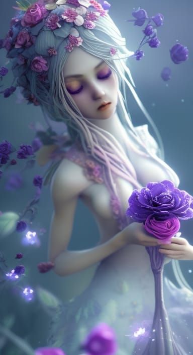 Glowing Bird and Magical Flowers in Hyperrealism