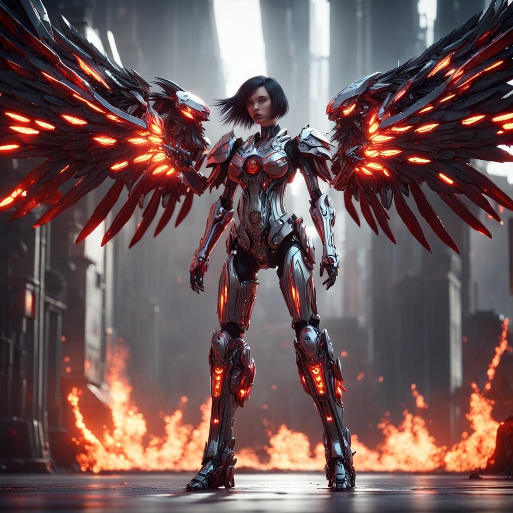 Futuristic Angel of Death with Fire Wings