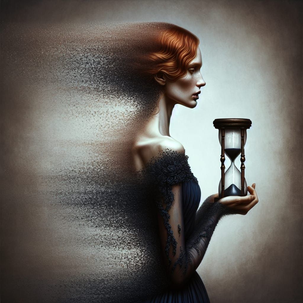 Woman Dissolving in Hourglass: A Timeless Oil Painting