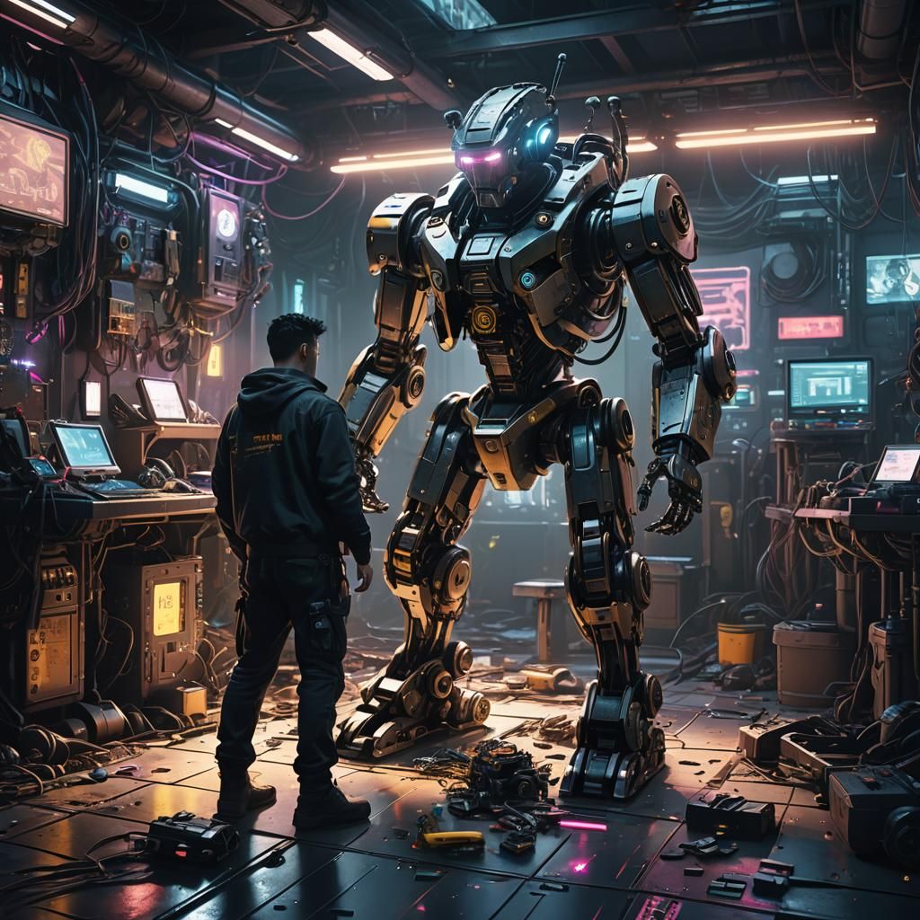 Cyberpunk Man Assembling Robot with Neon Lights