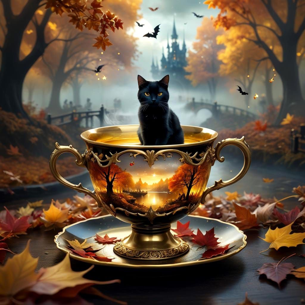 Black Cat in Teacup: Autumn Fantasy World