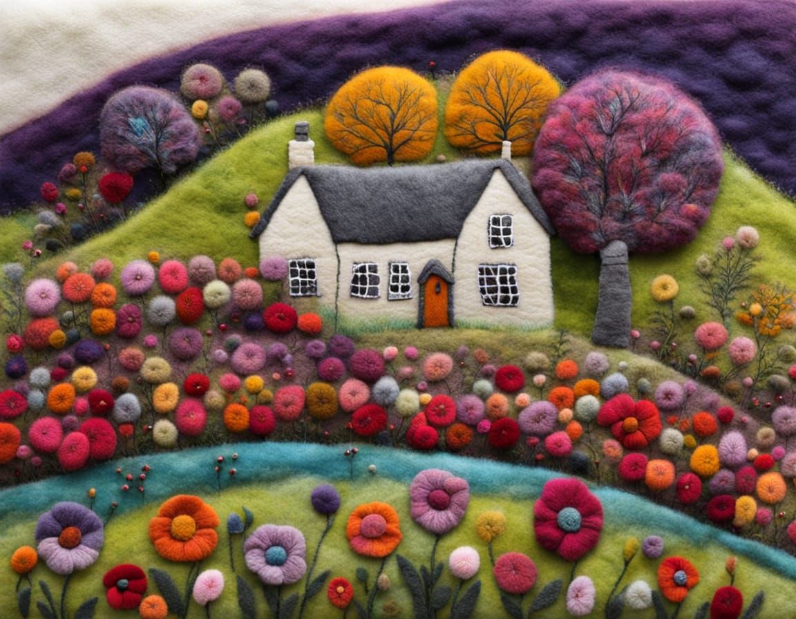 English Cottage Garden in Woollen Felt Art