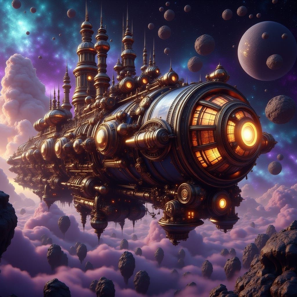Steampunk Space Truck in Asteroid Belt, Neo-Victorian Style