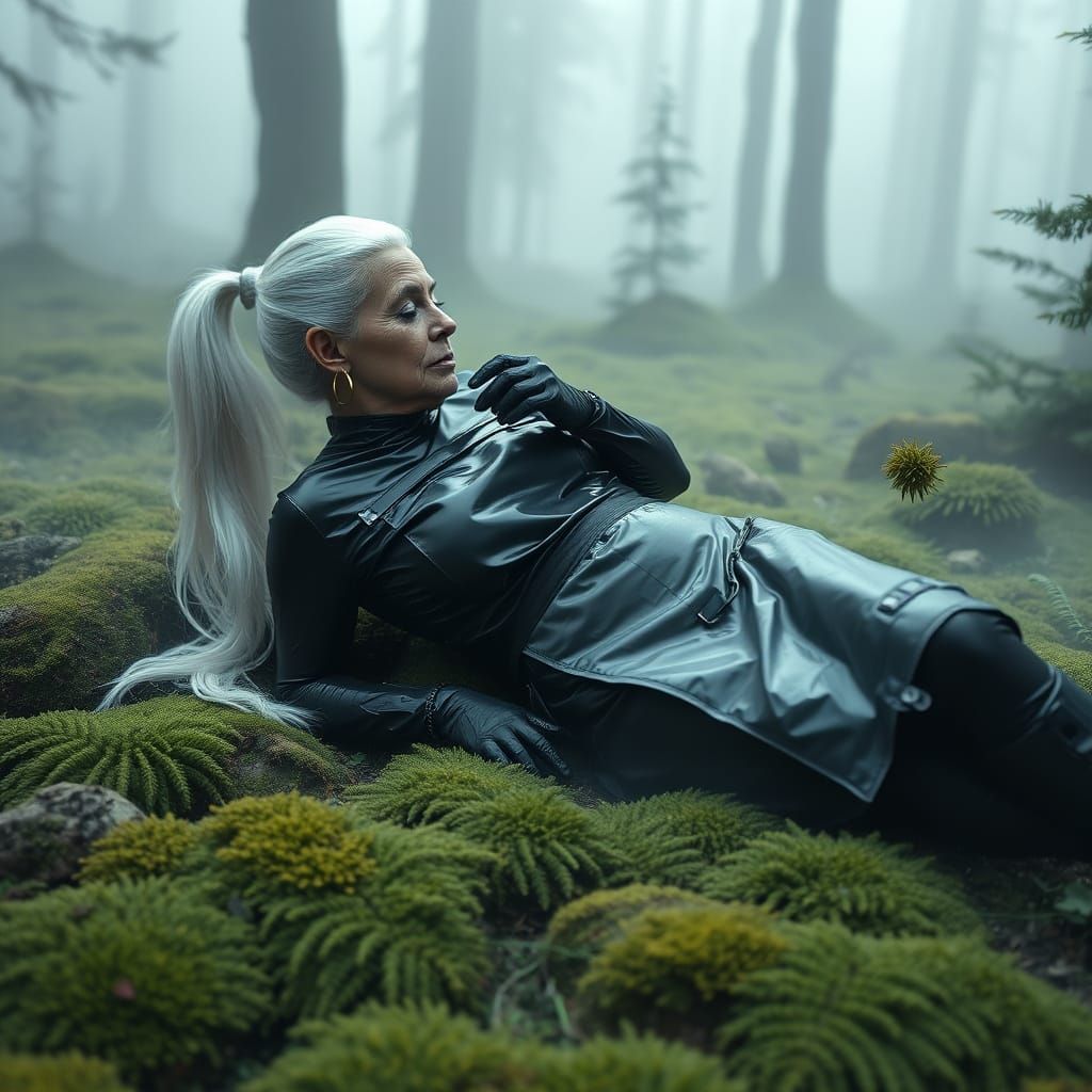 Elderly Woman in PVC Catsuit in Misty Forest