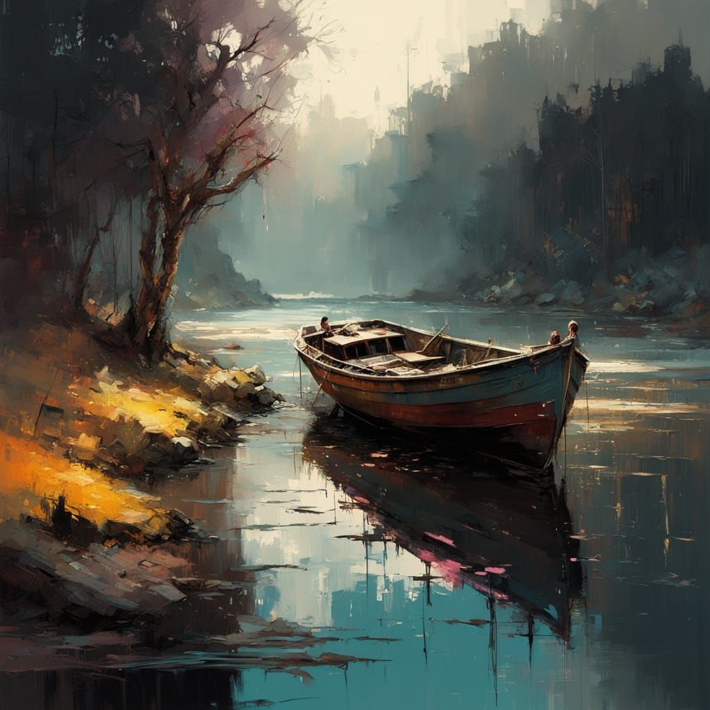 Dreamy River Shore Scene in Golden Hour Light