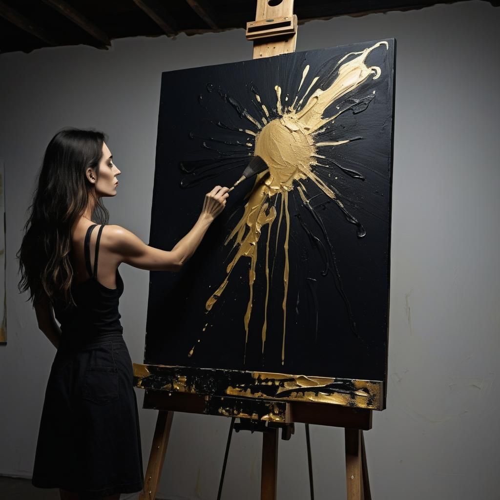 Black Dalí Universe Painting with Golden Highlights