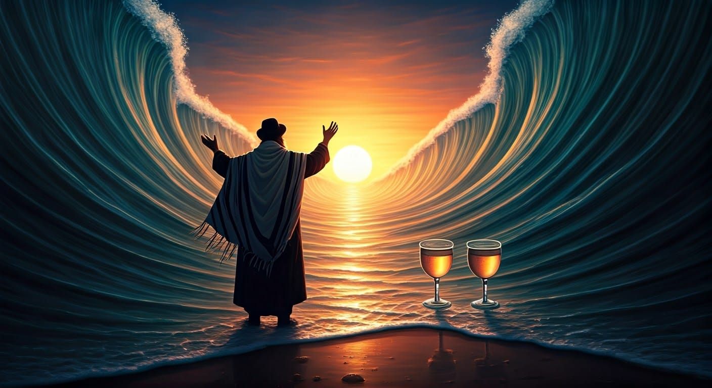 Red Sea Parting with Hasidic Man in Chagall Style