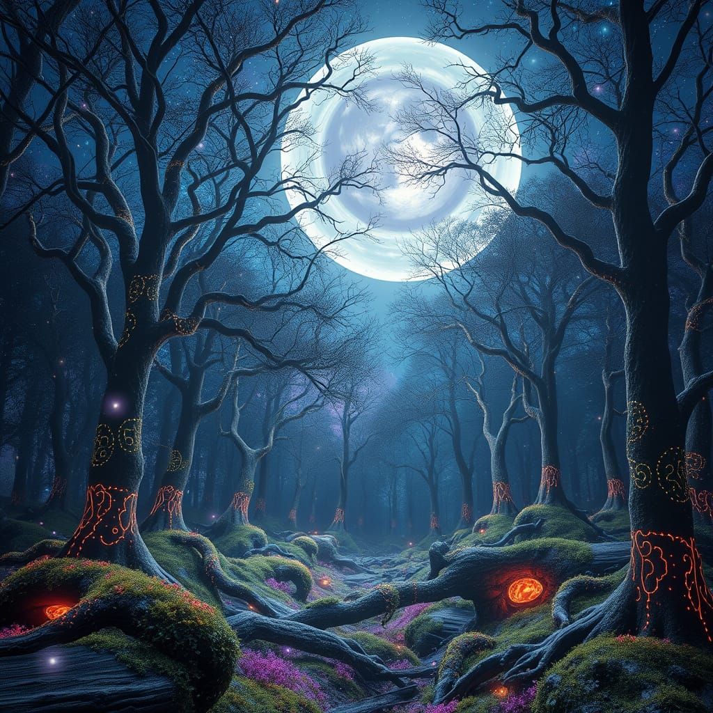 Ethereal Forest Glade with Woven Moonlight Trees