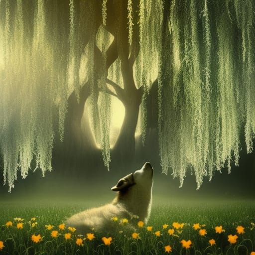 Wolf in Arnica Field Under Willow Tree