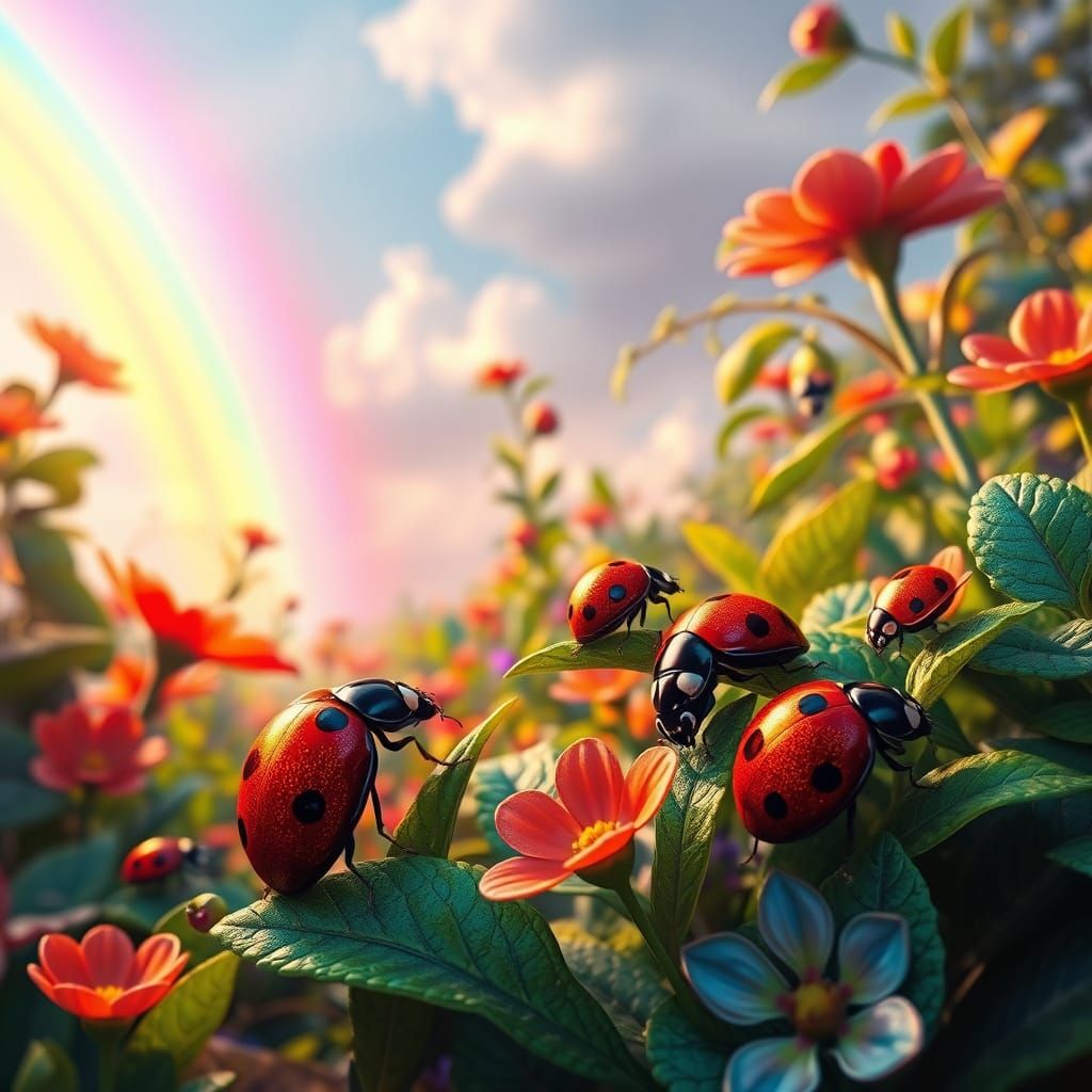 Vibrant Garden Scene with Ladybird Beetles and Rainbow