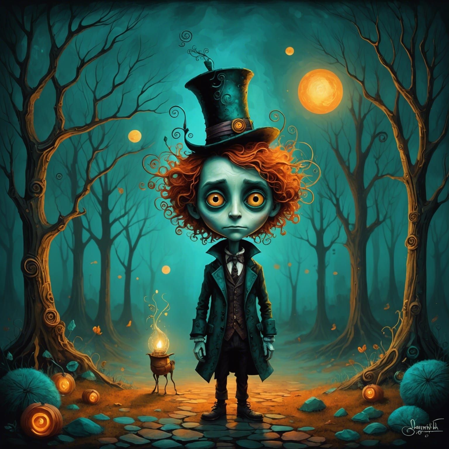 Sfumato Impasto Painting in Teal, Amber, Copper