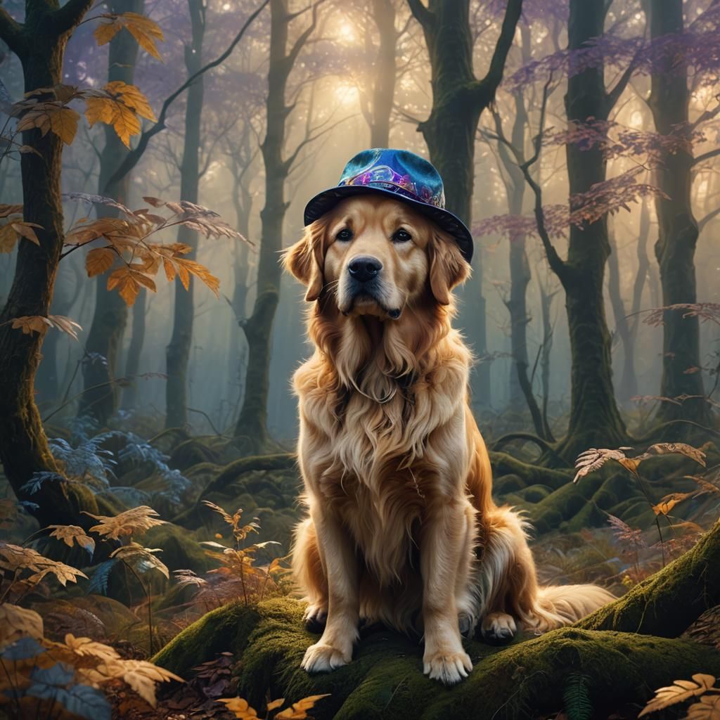 Golden Retriever in Mystical Forest, Fantasy Art