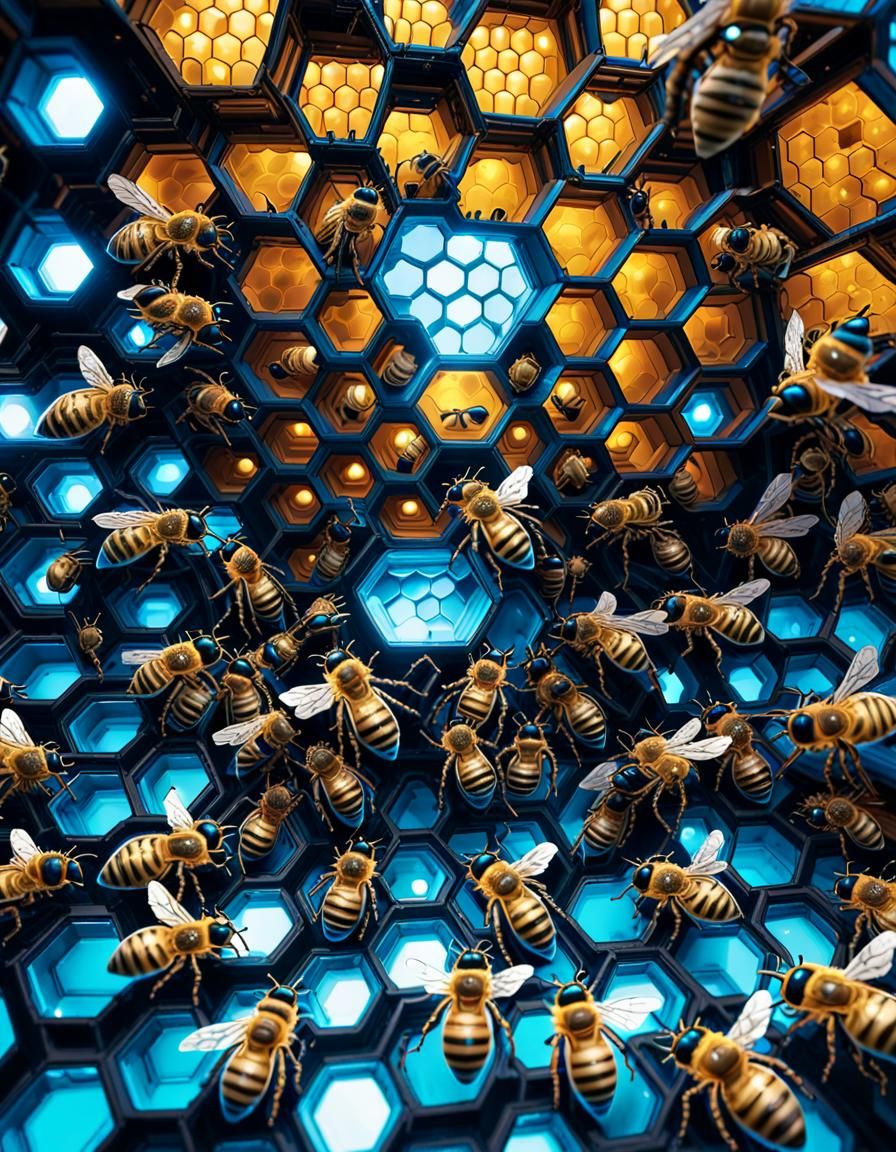 Cyber-Mecha Honeybees in a Neon Honeycomb Hive