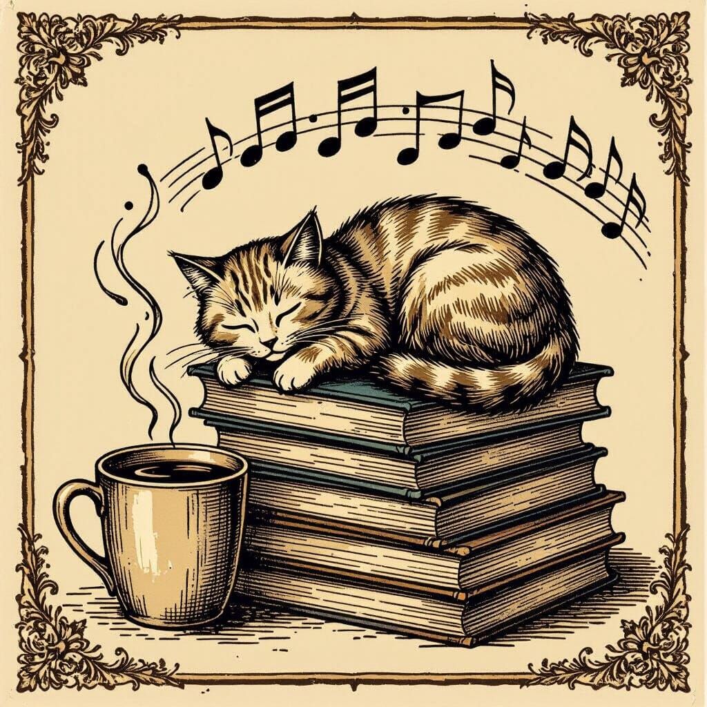 Cat Ex Libris Stamp with Coffee and Music Notes