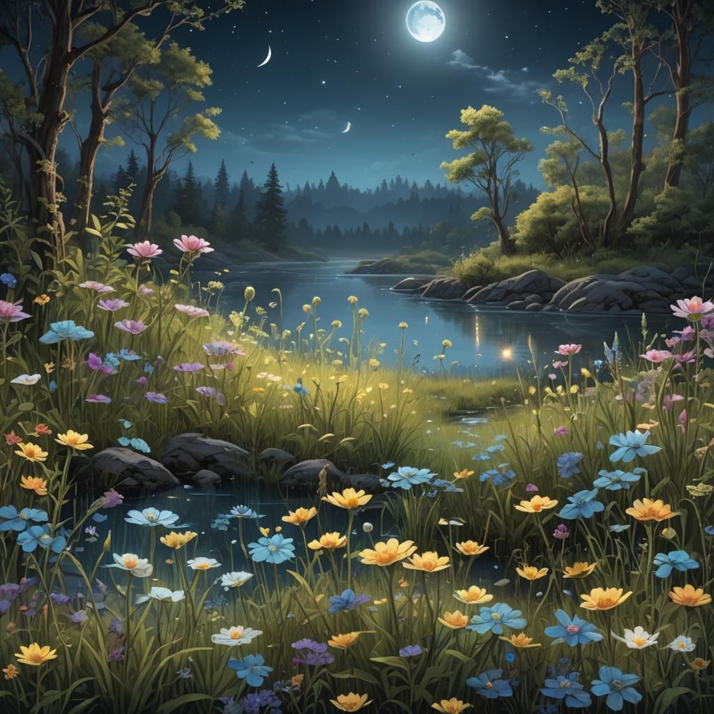 A tranquil moonlit meadow filled with bioluminescent flowers, enchanting wildlife, and mystical creatures, with a serene...