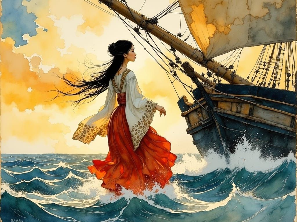 Sailing Goddess in Hanbok, Weathered Seascape in Miyazaki's ...