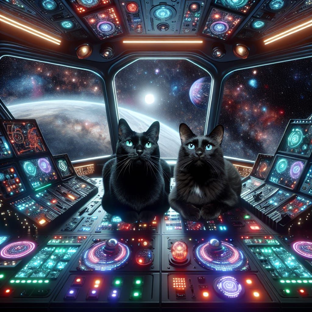 Cats Pilotting Spaceship in Sleek Spacecraft