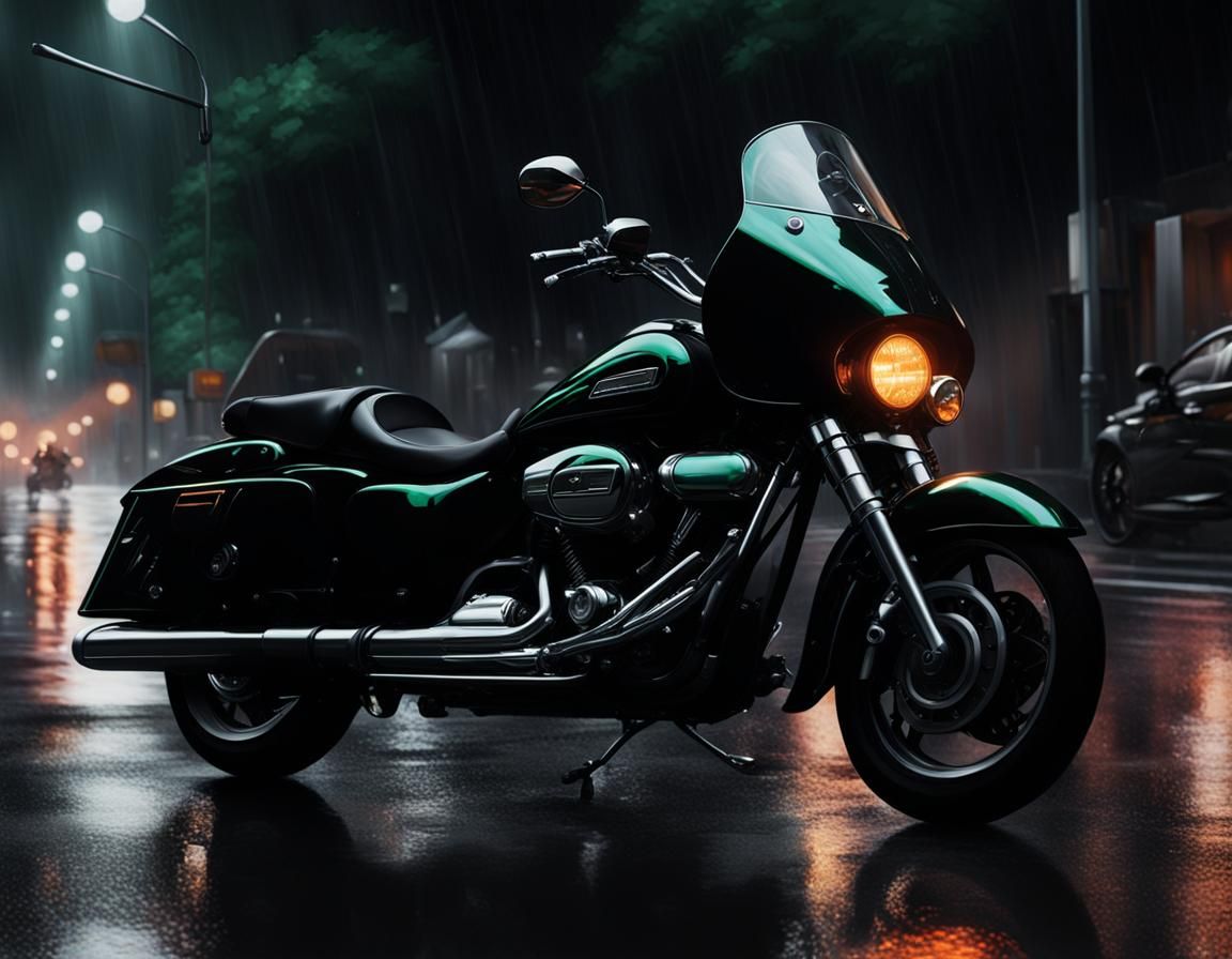 Futuristic Motorcycle on Rainy Street, Hyperrealistic Oil Pa...